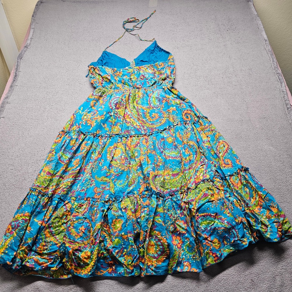 Nine West Dress Blue Paisley Silk Blend Halter Maxi Dress 12 Boho Tiered Ruffle - Picture 2 of 11